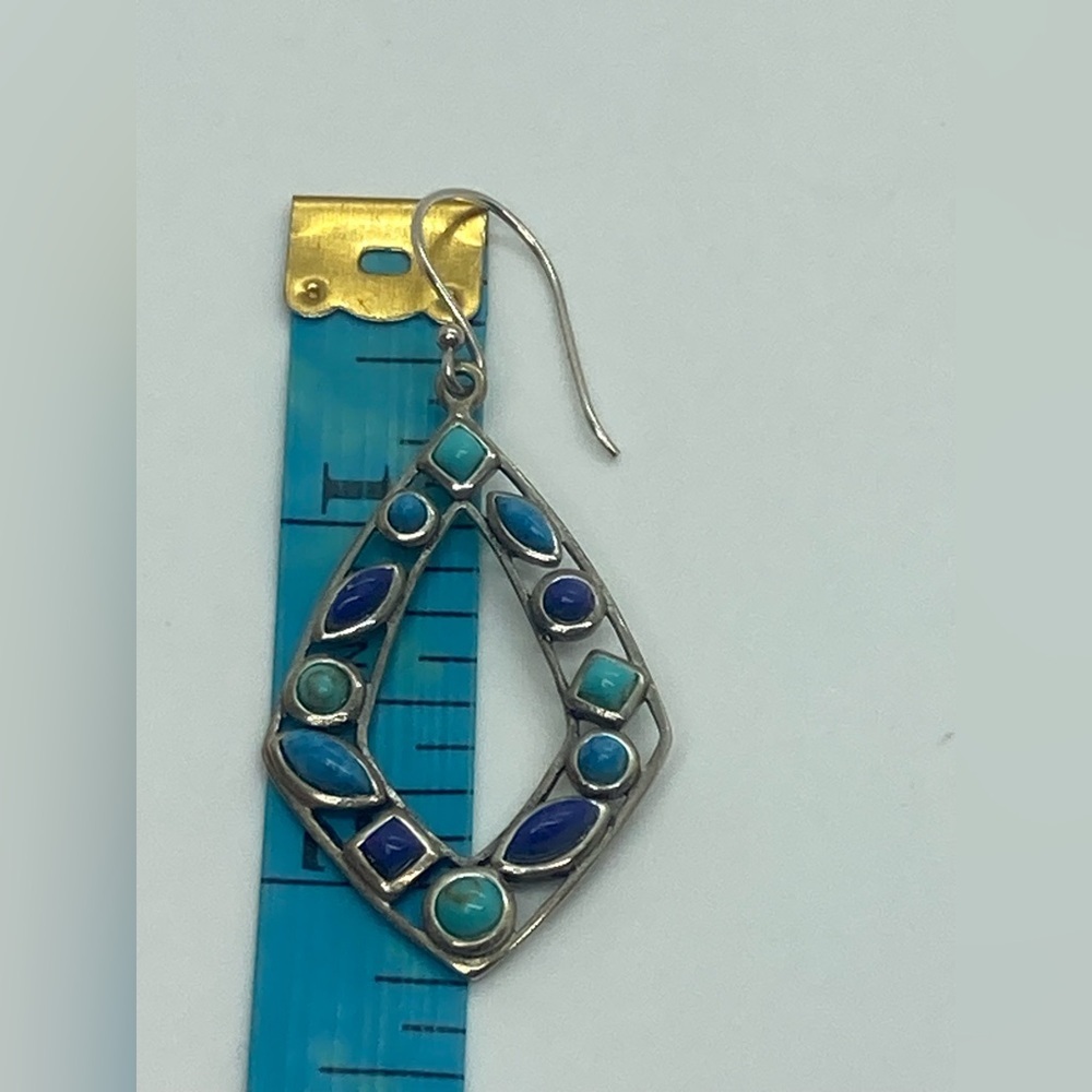 Vtg 925 Sterling Silver & Multi Colour Blue Turqouise Dangle Earrings | 2.2” - Picture 10 of 13